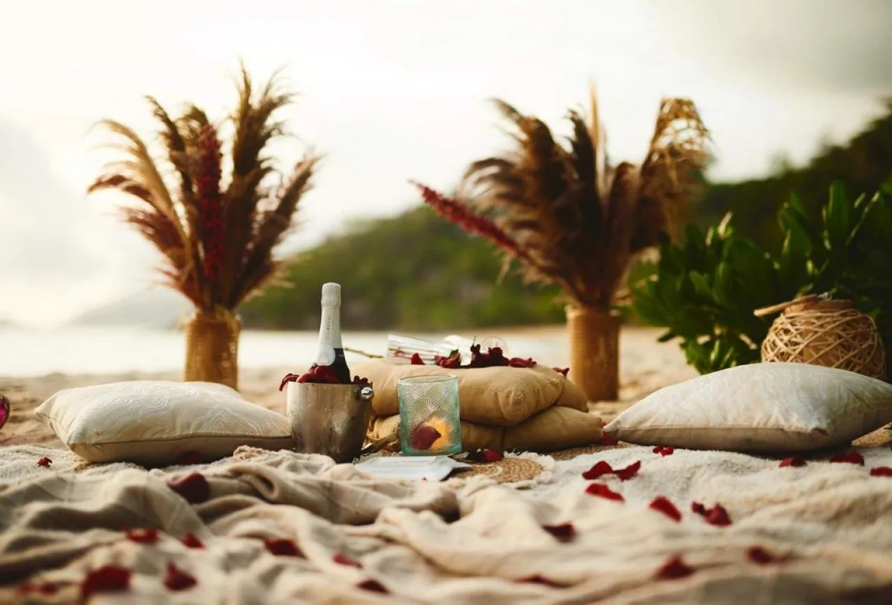 Pique-nique romantique sur une plage tropicale de l'île de Mahé